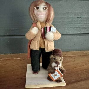 Handcrafted Felted girl and her GROUNDHOG friend with Books